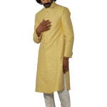 Square Pattern Embroidered Yellow Sherwani With Off White Churidar | Jaipurio